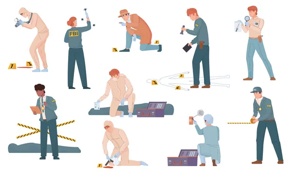 Crime Scene Criminal Flat Set Isolated Human Characters Police Investigation — Vector de stock