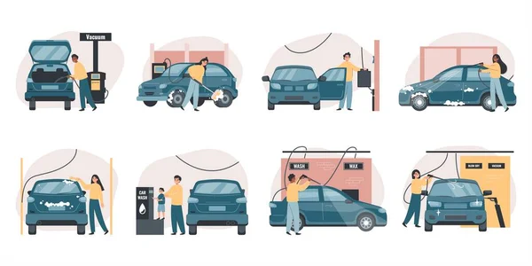 Self Service Car Wash Flat Set Isolated Compositions Views Owners — Stock vektor