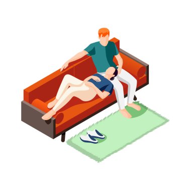 People at home on weekends isometric composition with human characters on blank background vector illustration