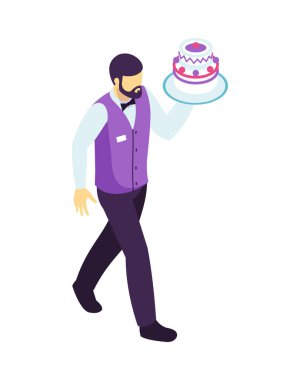 Isometric restaurant waiter composition with isolated human character of worker in uniform vector illustration