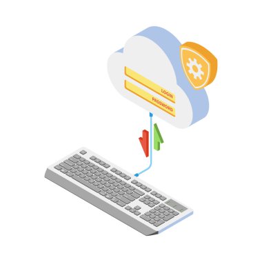 Cloud technology isometric composition with isolated icons of storage protection and data synchronization vector illustration