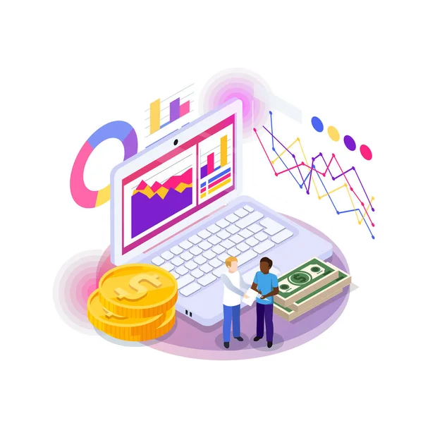 Financial Technology Glow Isometric Composition Neon Colored Icons Human Characters — Stock vektor