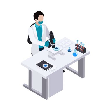 Microbiology isometric composition of laboratory equipment for scientific experiments magnified bacteria and virus vector illustration