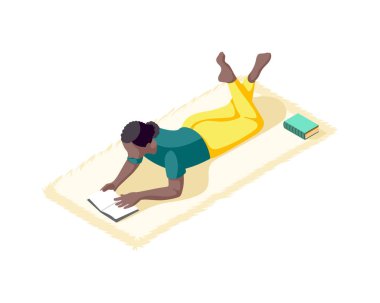 People at home on weekends isometric composition with human character on blank background vector illustration