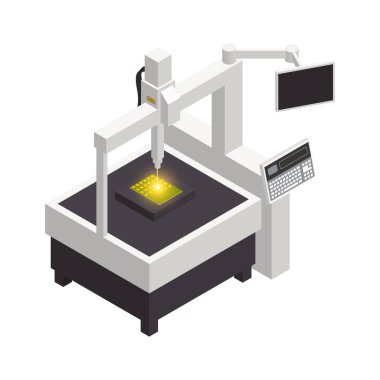 Semiconductor chip production isometric icons composition with isolated hi-tech facility image vector illustration