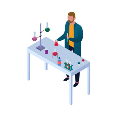 Chemical laboratory composition of isometric icons with scientists research equipment and furniture isolated vector illustration