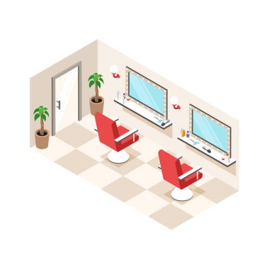 Isometric barber hairdresser composition with isolated professional equipment images on blank background vector illustration