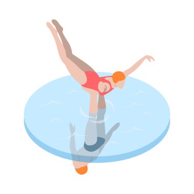 Public swimming pool isometric composition with isolated human character on blank background vector illustration