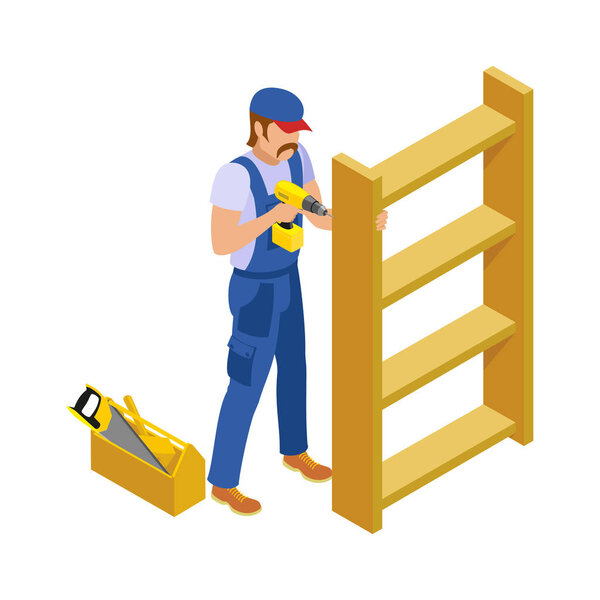 Craftsman isometric icons composition with isolated view of human character at work on blank background vector illustration