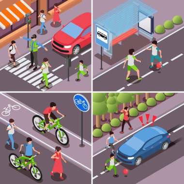 Children road safety rules isometric 2x2 set with isolated outdoor views of people crossing streets roads vector illustration