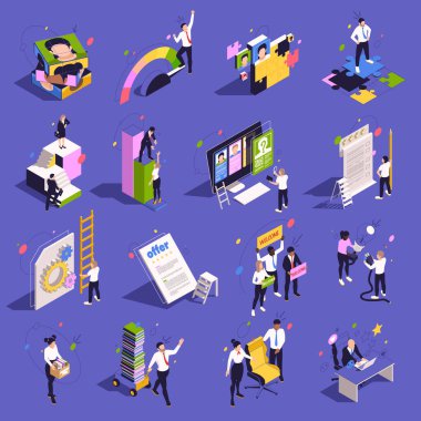 Employee onboarding isometric icons set with staff welcoming new worker 3d isolated on color background vector illustration