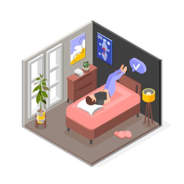 Varicose isometric composition with isolated view of indoor interior with woman performing exercises raising her legs vector illustration