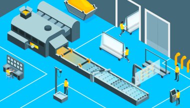 Glass production isometric background illustrated factory floor with control panel and conveyor vector illustration
