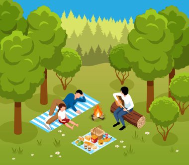 Isometric barbecue concept with people near forest bonfire vecto4r illustration
