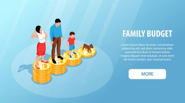 Isometric family budget composition with people standing on coin stacks vector illustration