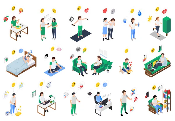 Mental Health Wellness Set Isolated Icons People Practicing Various Methods — Archivo Imágenes Vectoriales