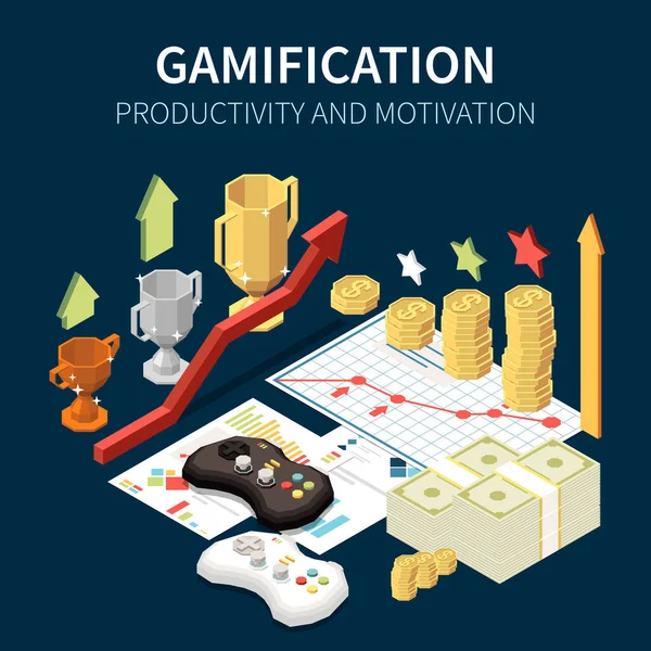 Isometric Concept Business Gamification Productivity Motivation Game Money Symbols Vector — Vector de stock