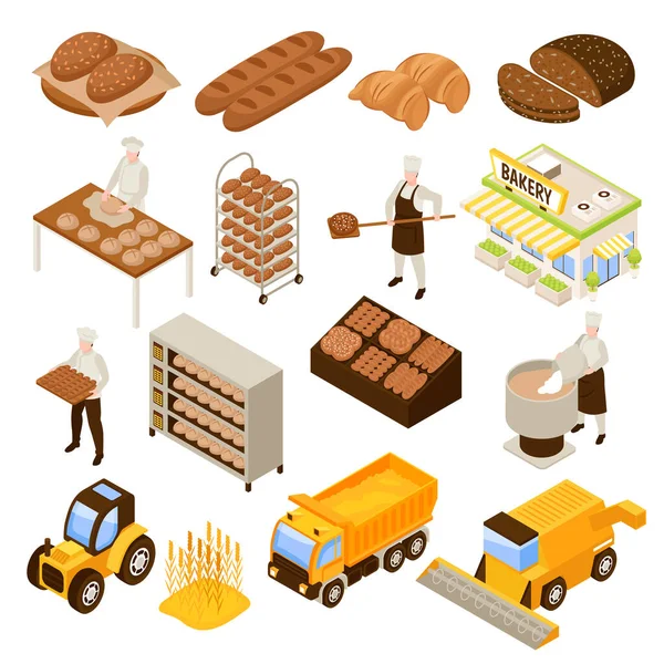 Bread Production Set Agricultural Symbols Isometric Isolated Vector Illustration — Stockvektor