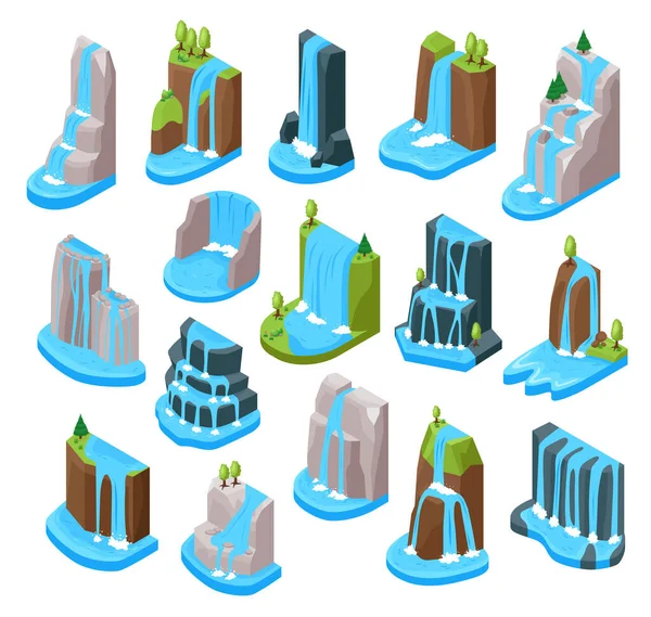 Waterfall Set National Park Scenery Symbols Isometric Isolated Vector Illustration — Διανυσματικό Αρχείο