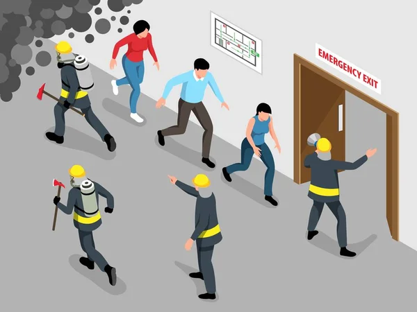 Isometric Evacuation Alarm Concept Fire Fighters Vector Illustration — Stockvektor