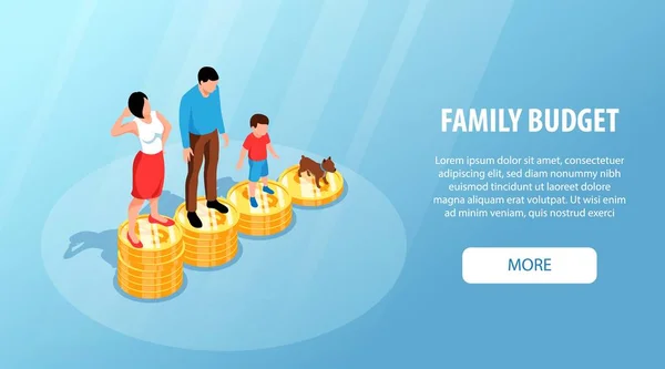 Isometric Family Budget Composition People Standing Coin Stacks Vector Illustration — Vettoriale Stock