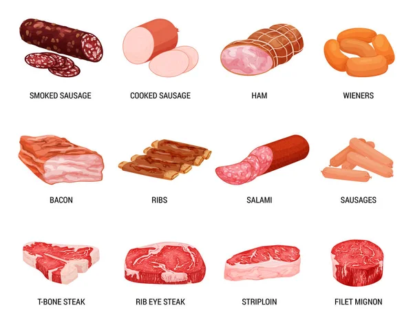 Meat Products Flat Set Isolated Images Sausages Ham Bacon Editable — Archivo Imágenes Vectoriales
