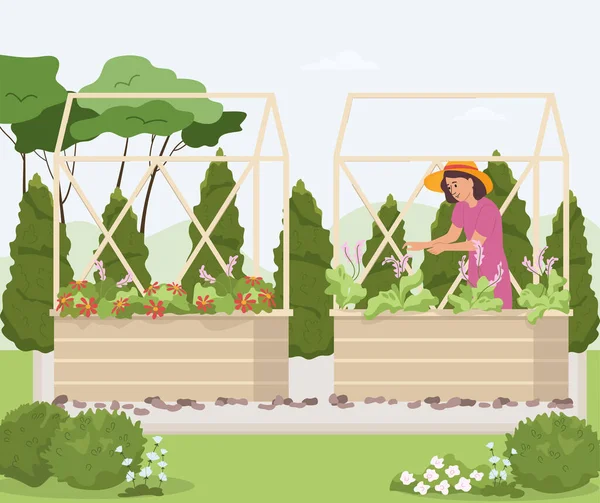 Home Gardening Flat Composition Outdoor Landscape Woman Hat Working Garden — Stockvektor