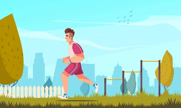 Workout Cartoon Composition Young Man Running Outdoors Vector Illustration — ストックベクタ