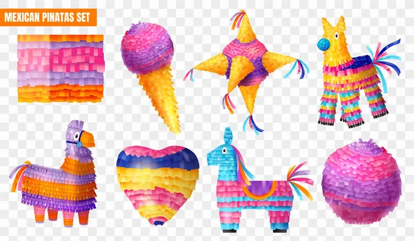 Realistic Colorful Mexican Pinatas Icons Set Transparent Background Isolated Vector — Stock Vector