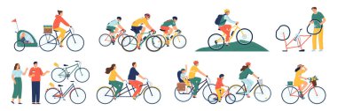Bisikletle gezen insanlar, izole edilmiş bisiklet süren yetişkin ve çocuk karakterler.