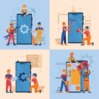 Telefon onarım servisi tanılama ekranı parlatma 2x2 Mutlu teknoloji mühendisi karakterleriyle izole edilmiş düz vektör çizimi