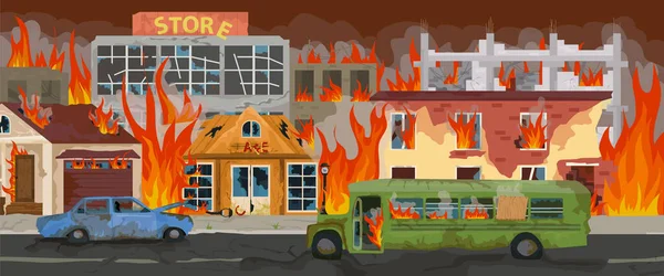 City Fire Horizontal Background Depicting Flames Burst Out Windows Broken — Image vectorielle