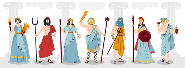 奥林匹斯众神扁平的色彩构成与希腊神话人物背景下的古柱矢量图解 — 图库矢量图片