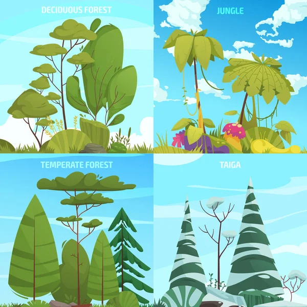 Tipos Ecosistemas Composiciones Dibujos Animados Con Diferentes Sistemas Forestales Ilustración — Archivo Imágenes Vectoriales