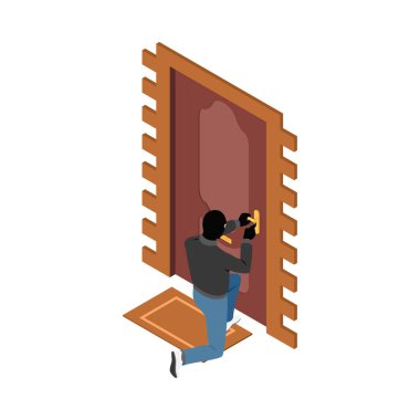 Thief burglar robber isometric composition with isolated fraud view with criminal wearing mask vector illustration