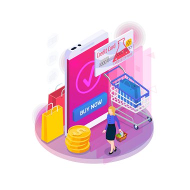 Financial technology glow isometric composition of neon colored icons with human characters and gadgets vector illustration