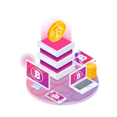 Financial technology glow isometric composition of neon colored icons with human characters and gadgets vector illustration