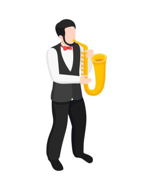 Musicians people isometric composition with isolated human character playing musical instrument vector illustration