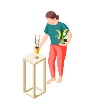 People at home on weekends isometric composition with human character on blank background vector illustration