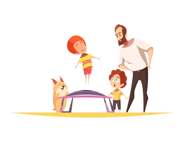 Jumping Trampolines Composition Flat Cartoon Human Characters Images Amusement Appliance — 스톡 벡터