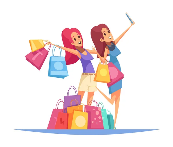 Shopaholic Composition Colourful Cartoon Style Human Characters Goods Colorful Boxes —  Vetores de Stock