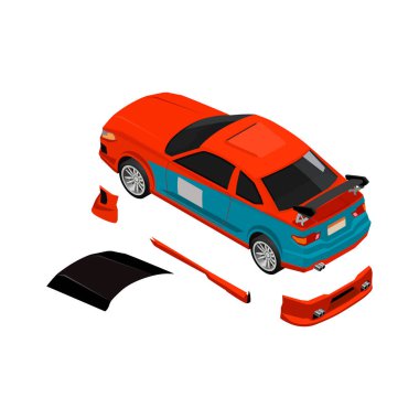 Boş arkaplan vektör illüstrasyonunda ayrık araba parçalarının simgeleriyle otomobil ayarlama izometrik bileşimi