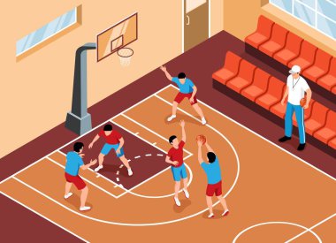 Spor salonunda basketbol oynayan öğrenciler ve erkek öğretmen onları 3 boyutlu izometrik vektör çizimlerini izliyorlar.