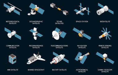 Isometric set of various types of satellites and spacecrafts isolated against black background 3d vector illustration clipart