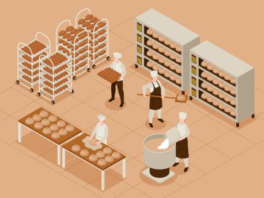 Organik somun sembollü ekmek üretim konsepti izometrik vektör çizimi