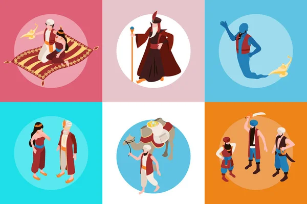 Oriental Tales Isometric Concept Set Six Square Compositions Illustrating Bedouin — Stock vektor