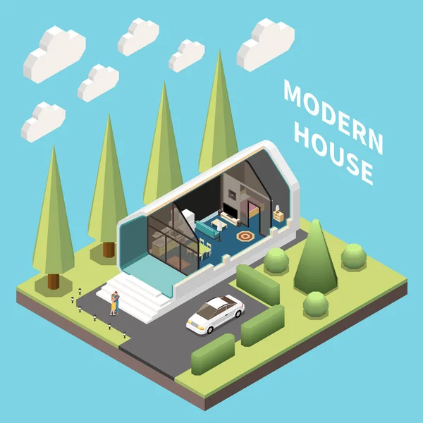 Modulaire Gebouw Isometrische Concept Met Moderne Huis Uitgesneden Vector Illustratie — Stockvector