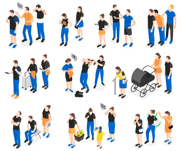 Queue Isometric Icon Set Different Types Queues Different Relationships People — 图库矢量图片