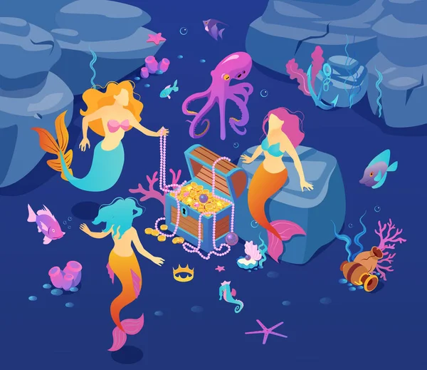 Isometric Underwater World Mermaid Composition Mermaids Surrounding Treasure Chest Fishes — Vector de stock