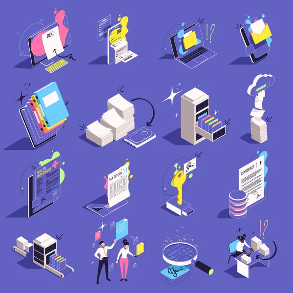 Paperless Isometric Icons Set Stacks Papers Data Kept Electronic Devices — Vector de stock